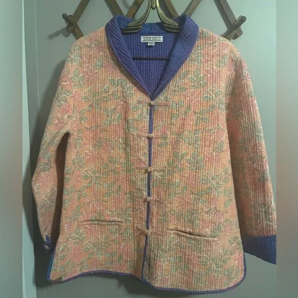 Sam Hilu silk quilted jacket reversible stunning florals fun buttons pockets M - Picture 1 of 8